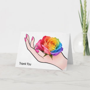 Danke-Hand, die eine Regenbogenrose wiegt Karte
