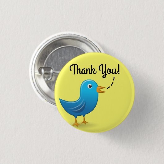 Danke! Heitrer blauer Vogel auf hellem Gelb Button (Vorne & Hinten)