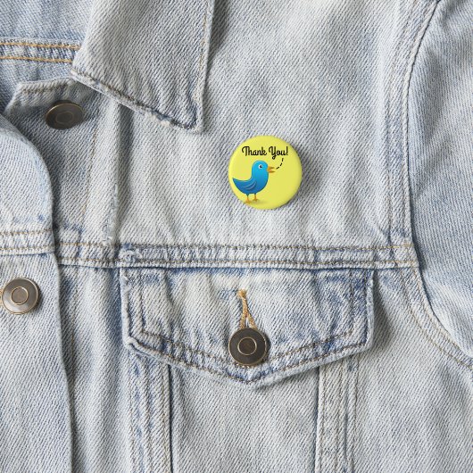Danke! Heitrer blauer Vogel auf hellem Gelb Button (Beispiel)