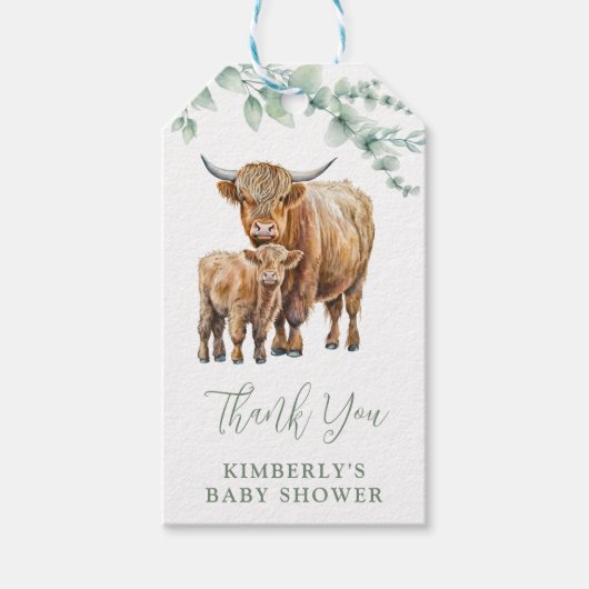 Danke Highland Cow Boho Greenery Baby Shower Geschenkanhänger (Vorderseite)