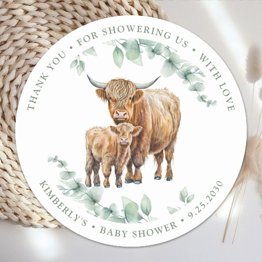 Danke Highland Cow Boho Greenery Baby Shower Runder Aufkleber