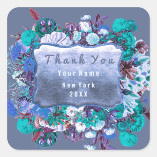 Danke Hochzeit Goldrahmen Rose Floral Rauchblau Quadratischer Aufkleber
