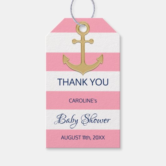 DANKE IHNEN Nautical Navy Blue Pink Girl BABY SHOW Geschenkanhänger (Vorderseite)