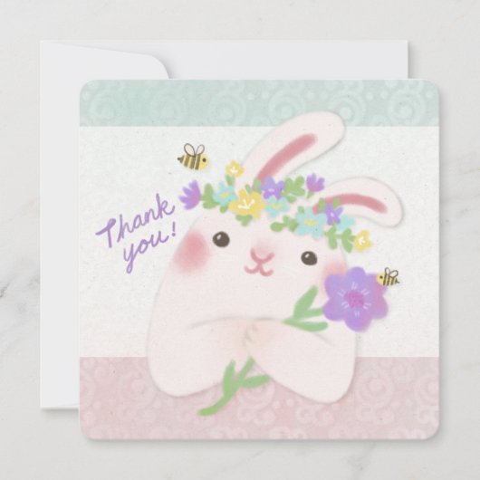 Danke: Illustration einer Hasen mit Blumen Einladung (Vorderseite)