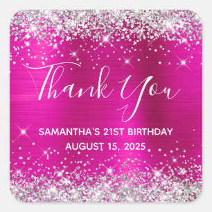 Danke in Silber Glitter Hot Pink zum 21. Geburtsta Quadratischer Aufkleber