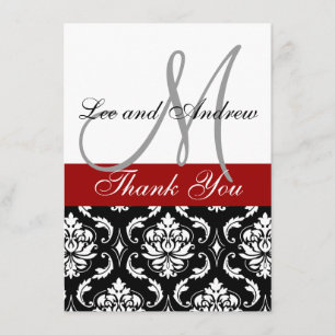 Danke Karten mit Monogramm-Namen-Rot-Damast