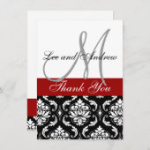 Danke Karten mit Monogramm-Namen-Rot-Damast (Vorne/Hinten)
