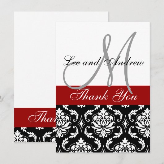 Danke Karten mit Monogramm-Namen-Rot-Damast (Vorne/Hinten)
