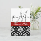 Danke Karten mit Monogramm-Namen-Rot-Damast (Stehend Vorderseite)