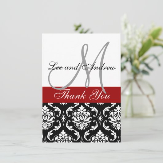 Danke Karten mit Monogramm-Namen-Rot-Damast (Stehend Vorderseite)