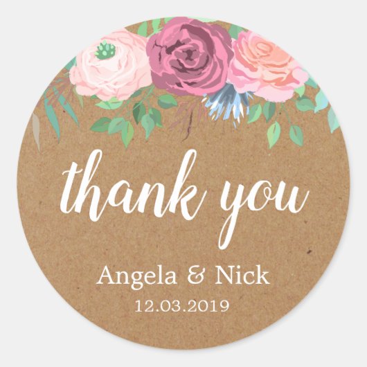 Danke Kraft Floral Wedding Sticker (Vorderseite)