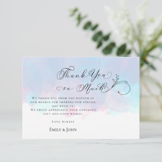 Danke Leaf Script Foto Pastel Watercolor Wedding (Stehend Vorderseite)