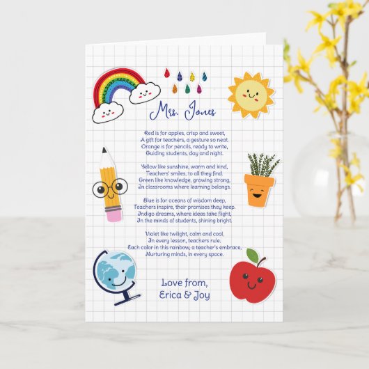 Danke Lehrer Wertschätzung Regenbogenwolke Gedicht Karte (Gelbe Blume)