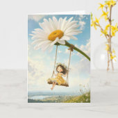 Danke Mädchen auf einer Gänseblümchen-Schwinge Karte (Gelbe Blume)