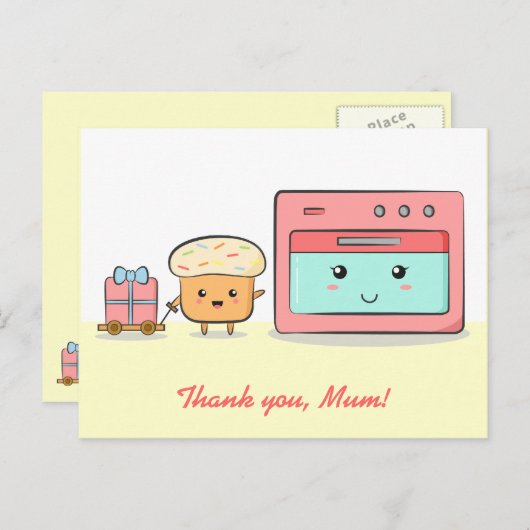 Danke, Mama - Niedlicher Kuchen und rosa Ofen Postkarte (Vorne/Hinten)