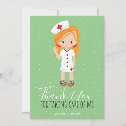 Danke Mint Green Script Ginger Cartoon Nurse (Vorderseite)