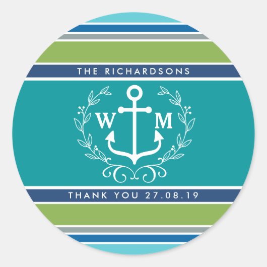 Danke Mongram Anchor Laurel Wreath Stripes Runder Aufkleber (Vorderseite)