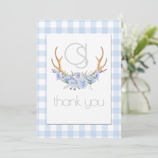 Danke - Monogram Blue Gingham Floral BOHO (Stehend Vorderseite)
