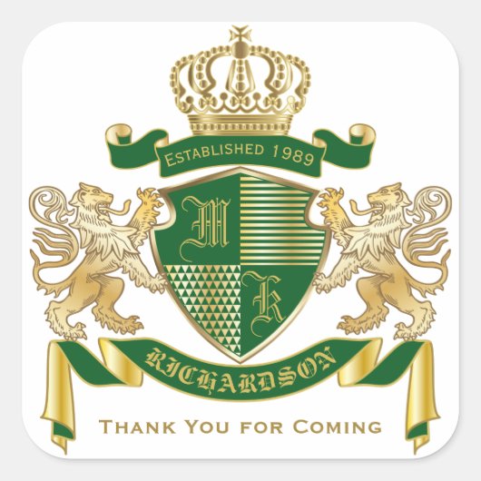 Danke, Monogram Coat of Arms Green Gold Lion Quadratischer Aufkleber (Vorderseite)