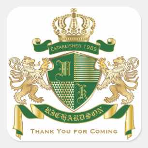 Danke, Monogram Coat of Arms Green Gold Lion Quadratischer Aufkleber