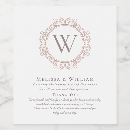 Danke Monogram Wedding Elfenbeinkopferblush Weinetikett (Einzelnes Label)