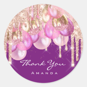 Danke Name 16. Bridal Glitzer Ballons Lila Pink Runder Aufkleber