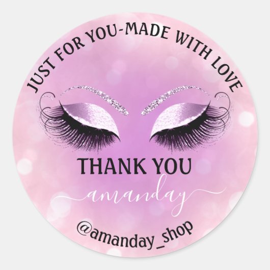 Danke Name Boutique Eyelash Shop Pink Violet Girly Runder Aufkleber (Vorderseite)