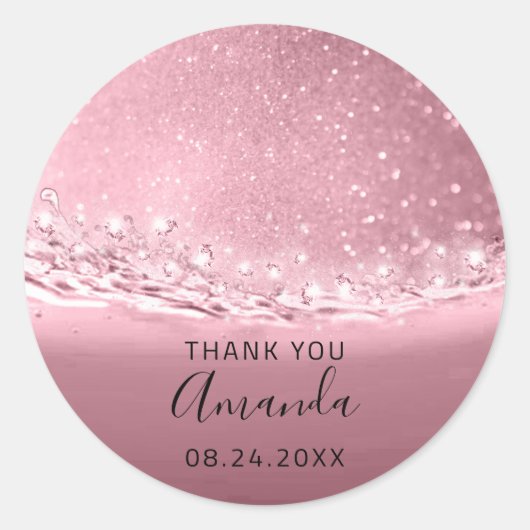 Danke Name Datum Spark Bridal Pink Rose Runder Aufkleber (Vorderseite)