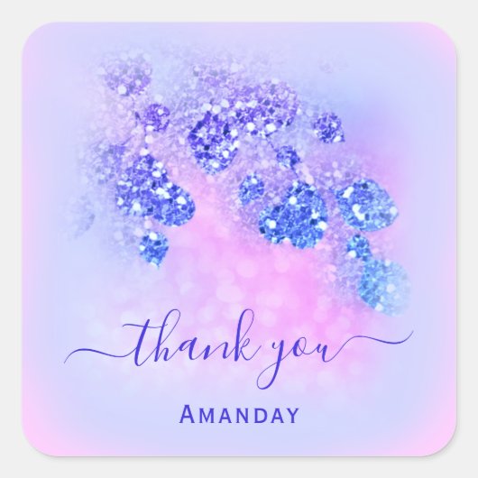 Danke Name Holograph Pink Bridal Royal Blue Floral Quadratischer Aufkleber (Vorderseite)