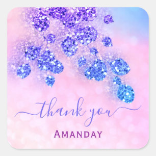 Danke Name Holograph Pink Floral Royal Navy Quadratischer Aufkleber