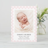 Danke Pink Gingham Birth Announcement Foto Card Ankündigung (Stehend Vorderseite)