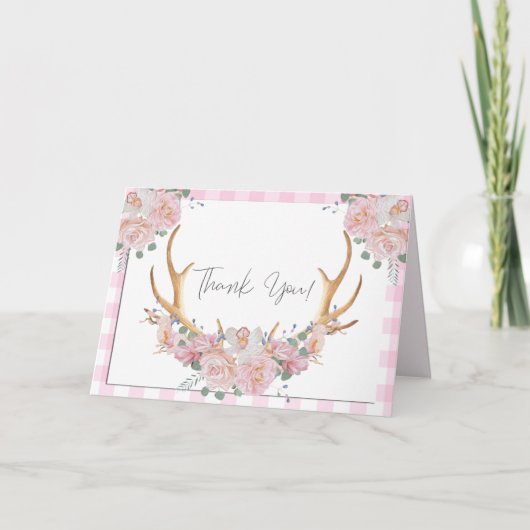 Danke | Pink Gingham BOHO Floral Antlers (Vorderseite)