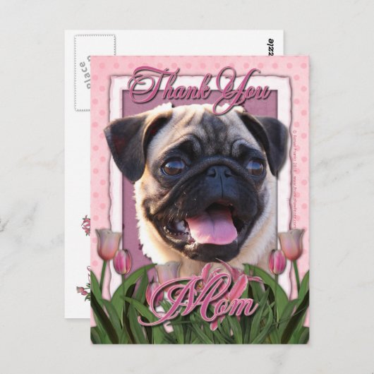 Danke - Pink Tulips - Mops Postkarte (Vorne/Hinten)