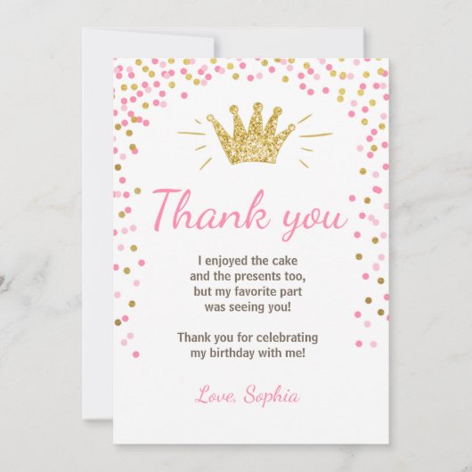 Danke, Prinzessin Birthday Gold Pink zu kardieren Dankeskarte (Vorderseite)