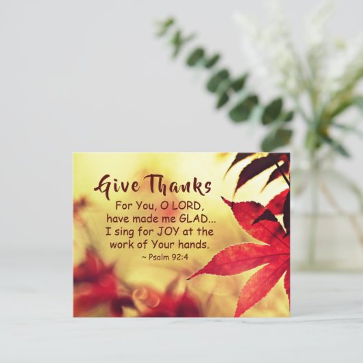 Danke, Psalm 92:4 Bibelverse Postkarte (Stehend Vorderseite)