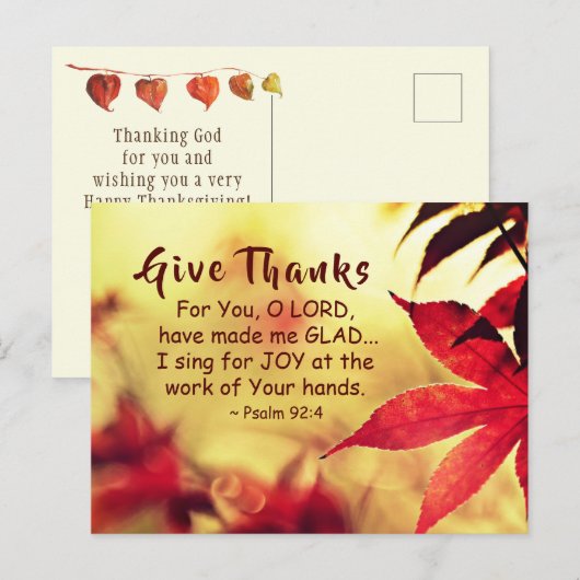 Danke, Psalm 92:4 Bibelverse Postkarte (Vorne/Hinten)