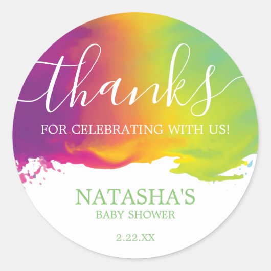 Danke, Rainbow Watercolor Paint Spritzer, Green Runder Aufkleber (Vorderseite)