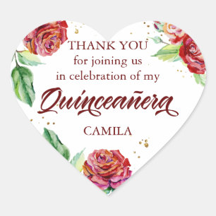 Danke Red Gold Floral Aquarell Quinceanera Herz-Aufkleber