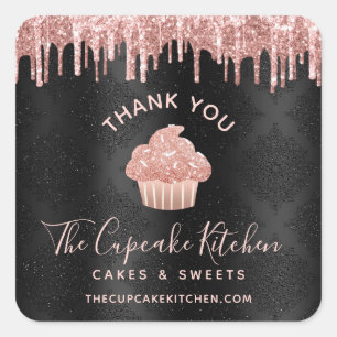 Danke Rose Gold Cupcake Glitter Bäckerei Schwarz Quadratischer Aufkleber