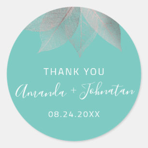 Danke Rose Gold Leaf Name Datum White Blush Aqua Runder Aufkleber