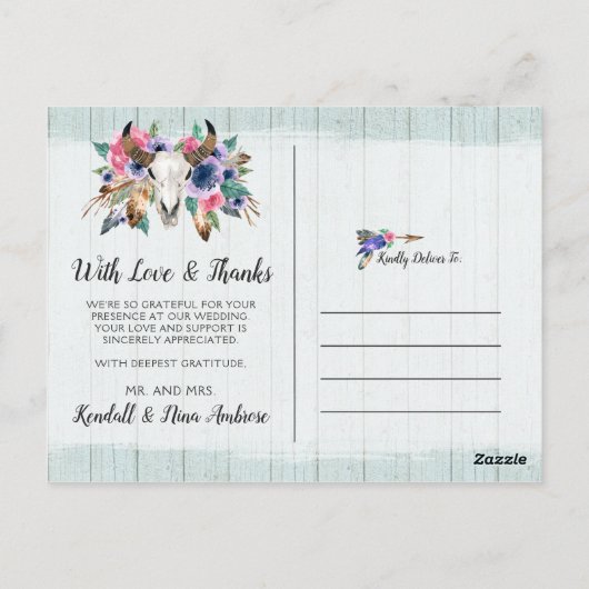 Danke Rustic Floral Kuh Skull Boho Chic Foto Postkarte (Rückseite)