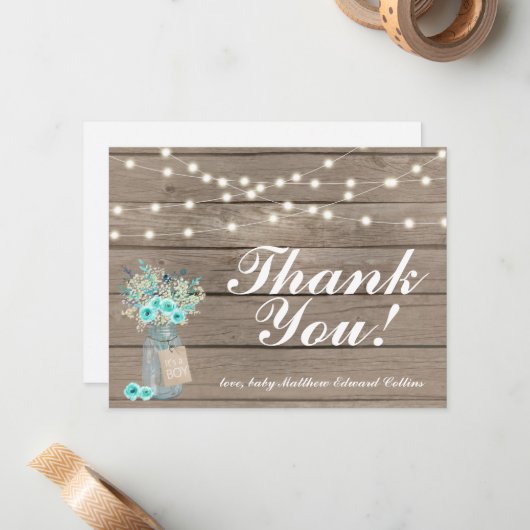 Danke Rustic Holz String Lights Note Card Boy Mitteilungskarte (Vorderseite/Rückseite Beispiel)