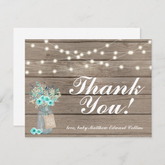 Danke Rustic Holz String Lights Note Card Boy Mitteilungskarte (Vorne/Hinten)