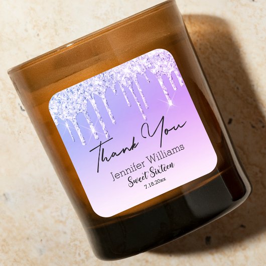 Danke schön 16 lila tropfende Glitzer chic Quadratischer Aufkleber