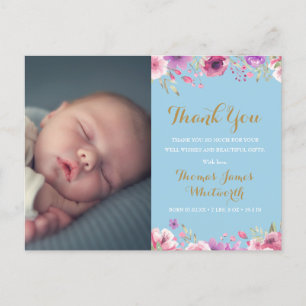 Danke-Schön-Bild mit floraler Schrift für Babyjung Ankündigungspostkarte