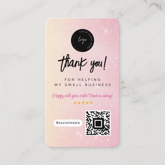Danke Social Media QR Code & Logo Rosa Glitter Visitenkarte (Vorderseite)