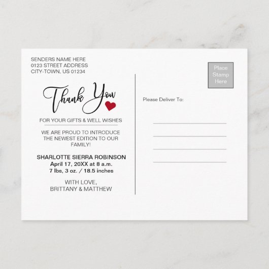 Danke | Soft Modern Baby Foto Postkarte (Rückseite)