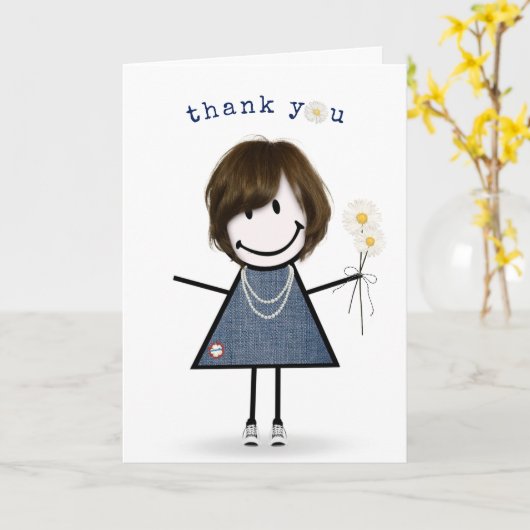 Danke Strichmännchen Girl mit Daisies Karte (Gelbe Blume)