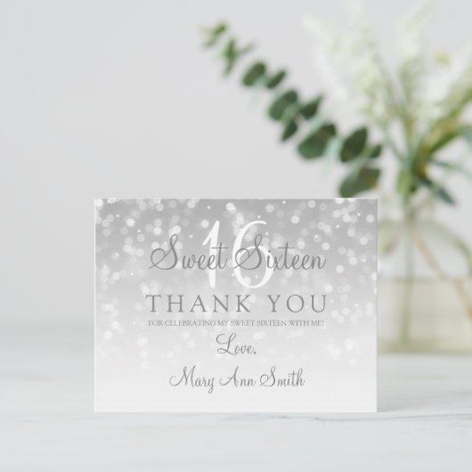 Danke Sweet 16 Silver Bokeh Sparkle Lights Postkarte (Stehend Vorderseite)