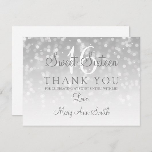 Danke Sweet 16 Silver Bokeh Sparkle Lights Postkarte (Vorne/Hinten)